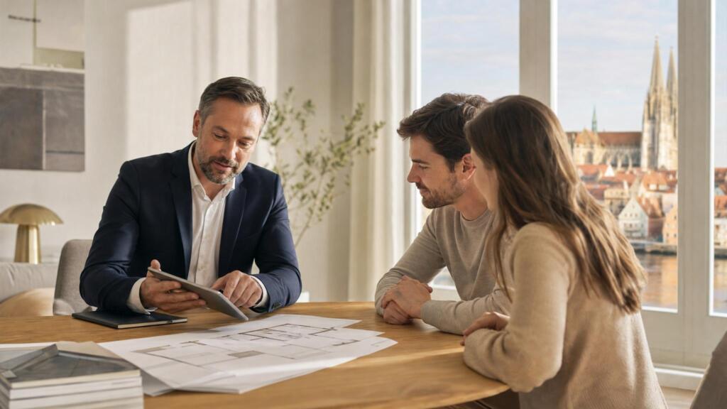 Persönliche Immobilienberatung in modernem, hellem Besprechungsraum
